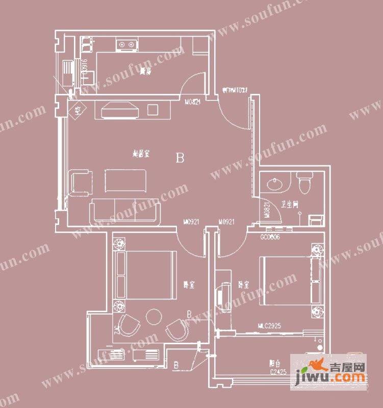 西地秀水苑西地秀水苑2#楼标准层b户型2室1厅1卫1厨