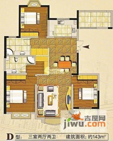 二期三室两厅两卫134m053室2厅2卫户型图|东方名苑二期3房2厅2卫