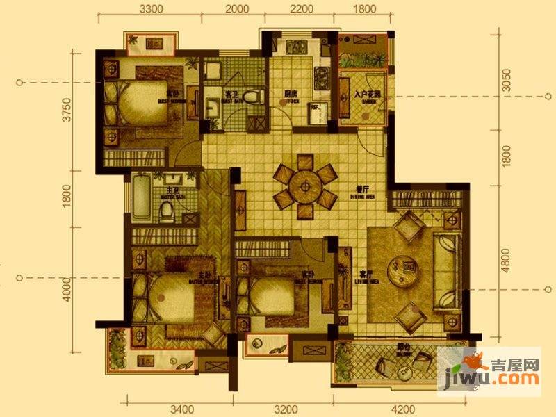 芜湖柏庄丽城柏庄丽城高层3#楼e户型3室2厅2卫1厨户型图_首付金额_3室