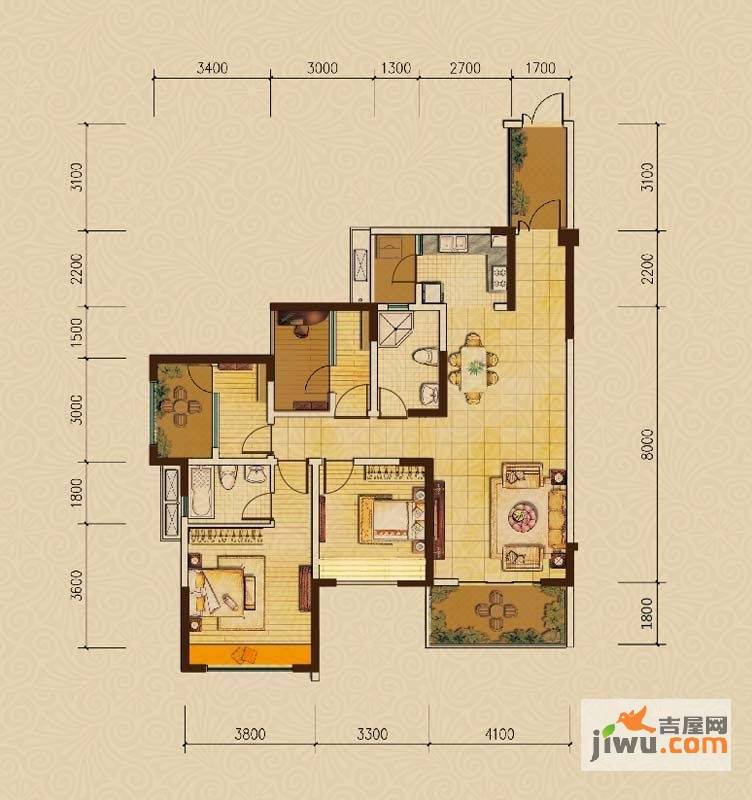 城佳乐国际城二期户型 高层 偶数f2f6 013室2厅2卫1厨户型图 高清图片