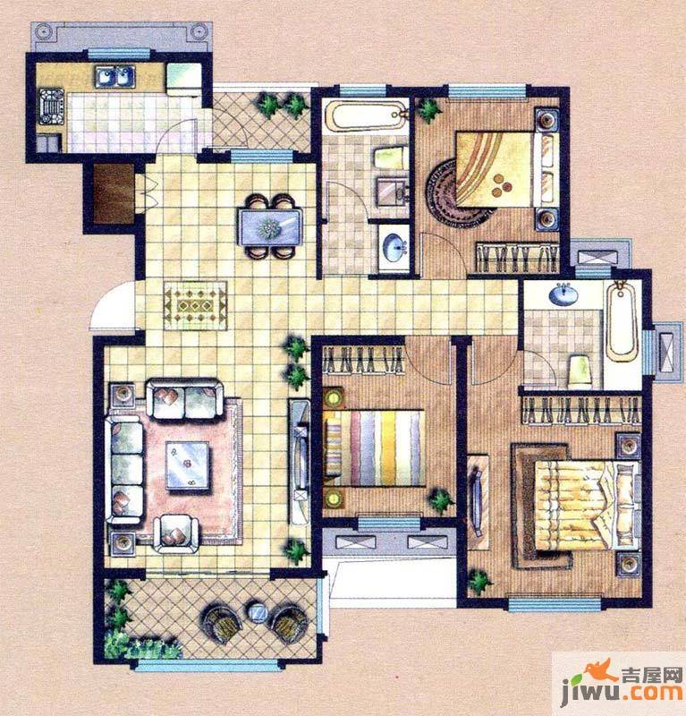 北外滩水城威尼斯水城九街区3-c户型图3室2厅2卫1厨