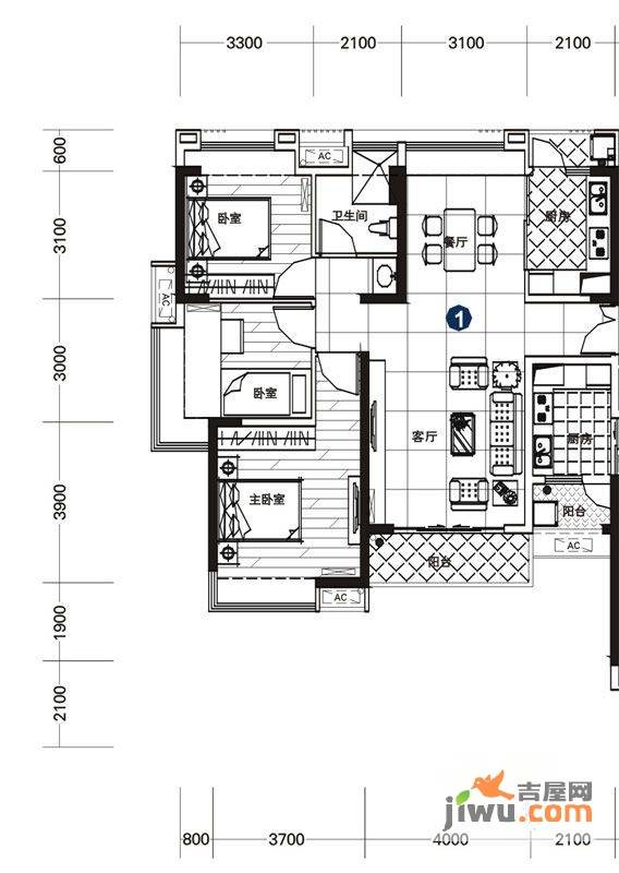 中天未来方舟f6组团2,3栋1单元1号户型3室2厅1卫1厨