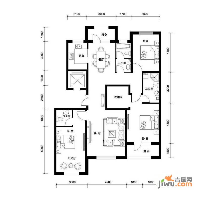 汉森香榭里洋房f户型图3室2厅3卫1厨