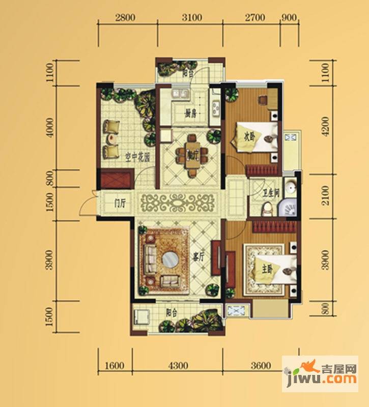 雍景湾e1户型2室2厅1卫1厨