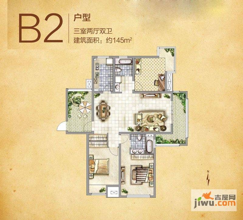 绿地与湖绿地国际生态城二期五湖名邸b2户型图3室2厅2卫1厨