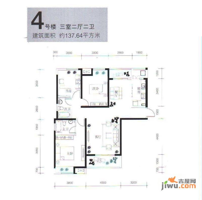 高科绿水东城4#楼户型图3室2厅2卫1厨