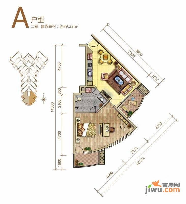 御庭春MOMA白金海岸公寓2室1厅1卫89.2㎡户型图