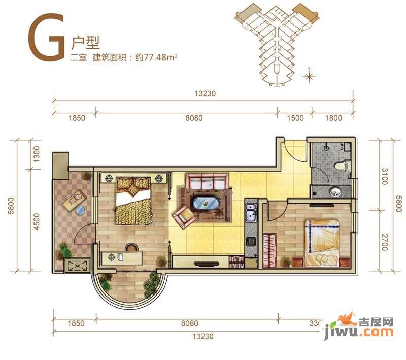 御庭春MOMA白金海岸公寓2室1厅1卫77.5㎡户型图