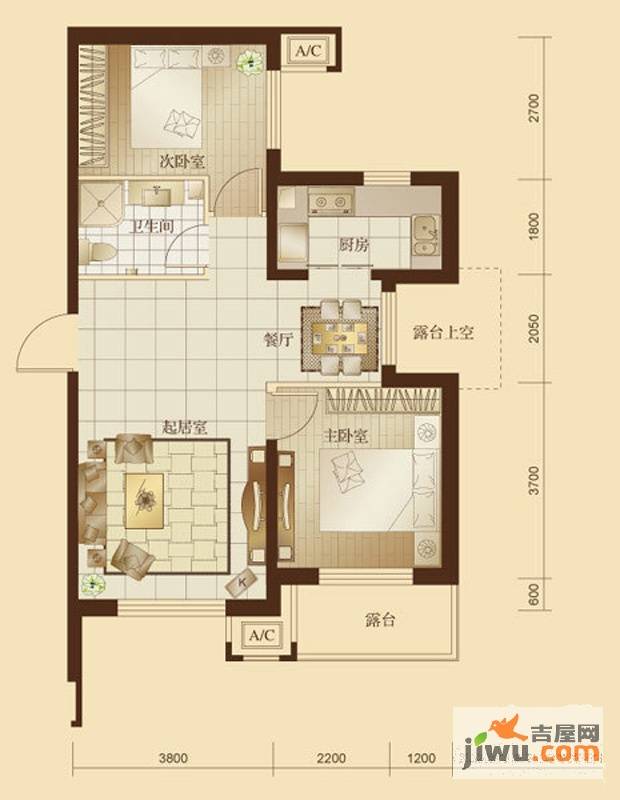 万年花城濠景2室2厅1卫90㎡户型图