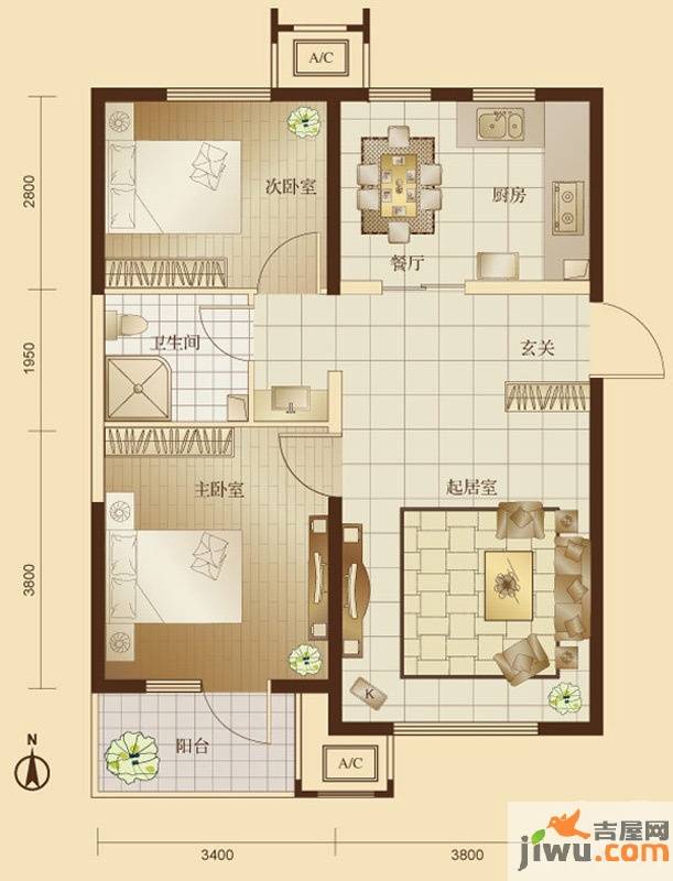 万年花城濠景2室2厅1卫90㎡户型图