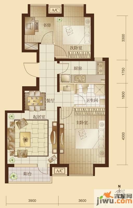 万年花城濠景3室2厅1卫90㎡户型图