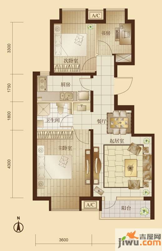 万年花城濠景3室2厅1卫90㎡户型图