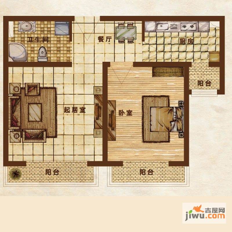 迪拜公园1室2厅1卫62.2㎡户型图