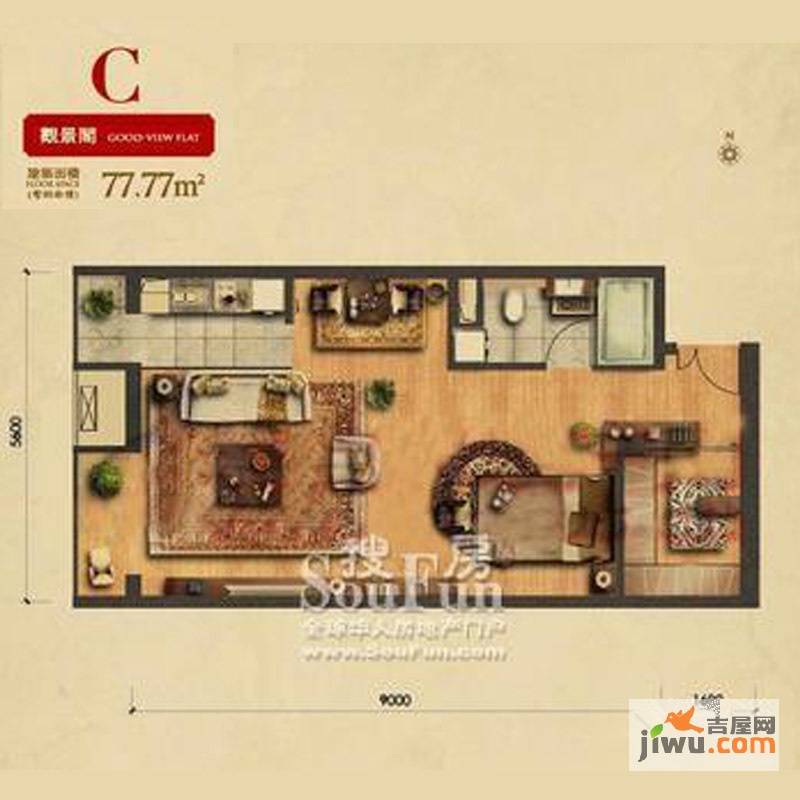 西绒线26号1室1厅1卫77.8㎡户型图