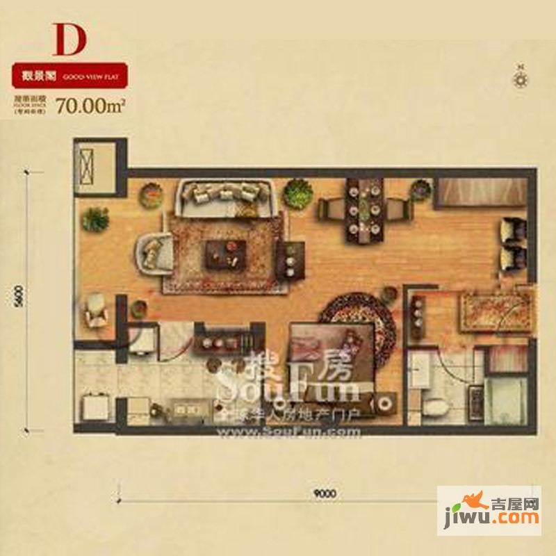 西绒线26号1室1厅1卫70㎡户型图