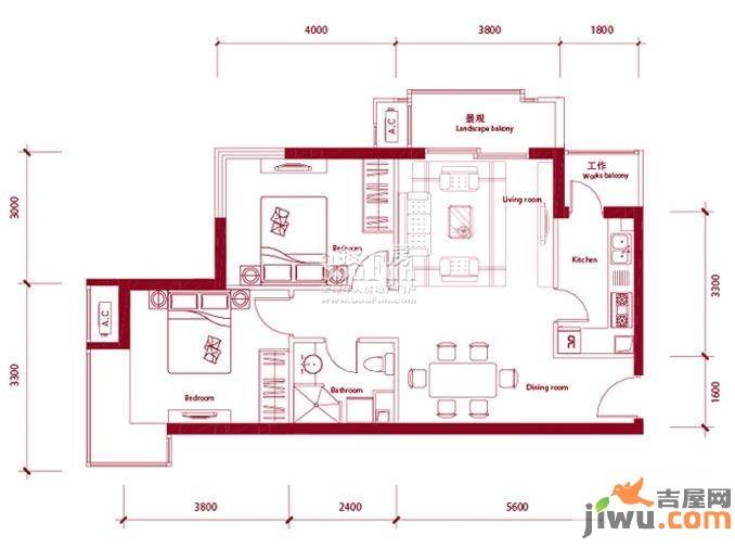 鸿坤理想城曦望山2室2厅1卫87㎡户型图