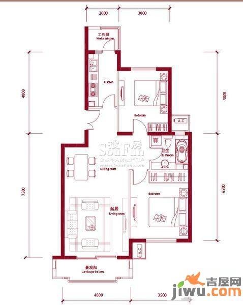 鸿坤理想城曦望山2室2厅1卫90㎡户型图