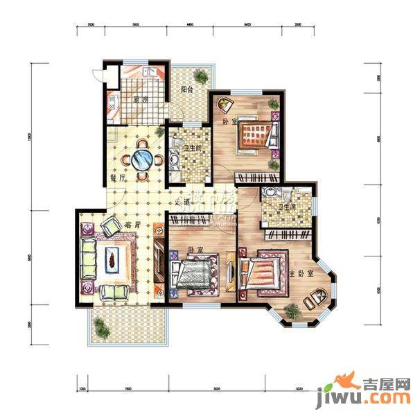 水色时光花园3室2厅2卫户型图