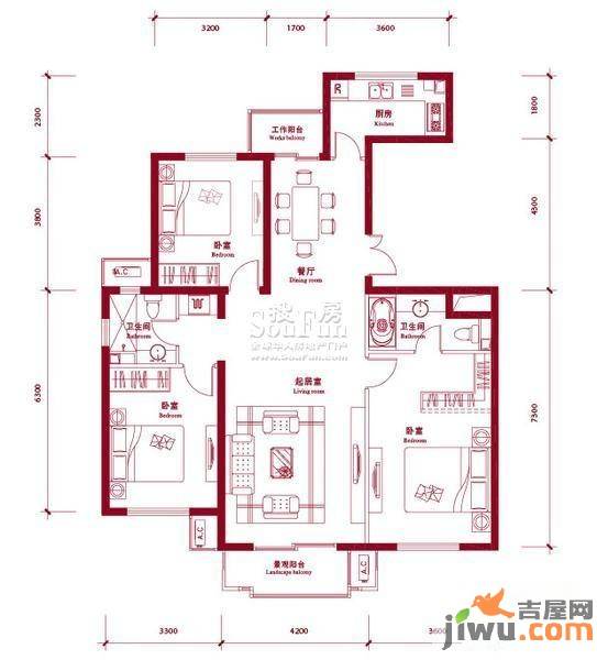 鸿坤理想城曦望山3室2厅2卫135㎡户型图