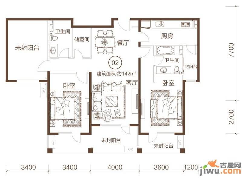 富力丹麦小镇2室2厅2卫142㎡户型图