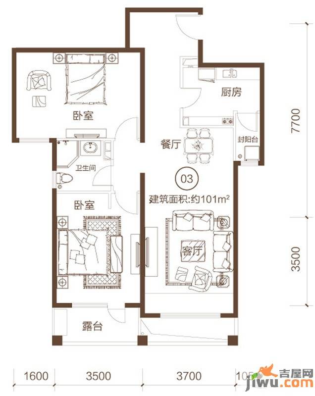 富力丹麦小镇2室2厅1卫101㎡户型图