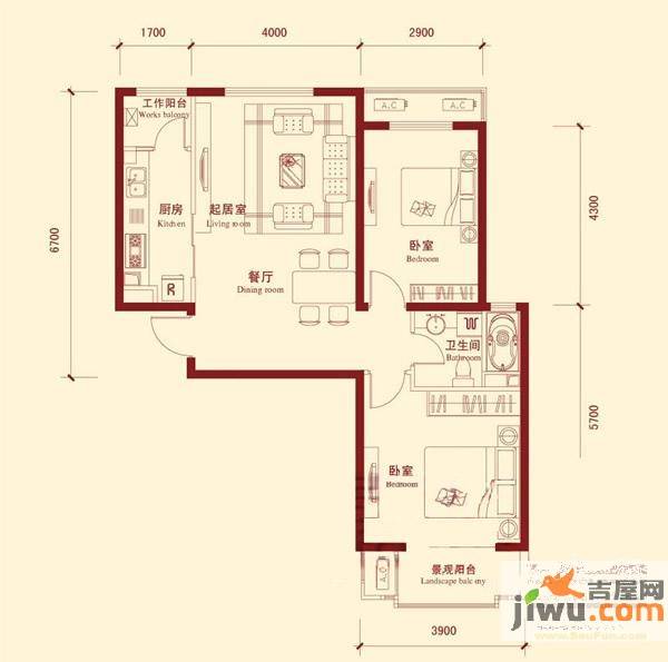 鸿坤理想城曦望山2室2厅1卫85㎡户型图