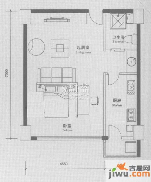 鸿坤理想城曦望山1室1厅1卫60㎡户型图