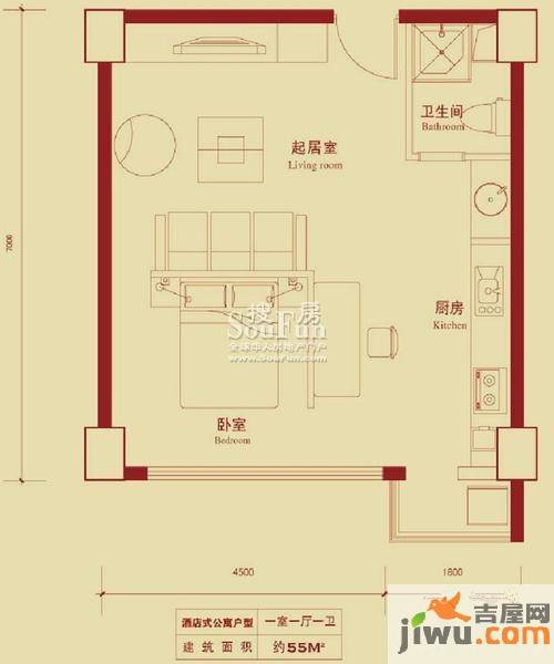 鸿坤理想城曦望山1室1厅1卫55㎡户型图