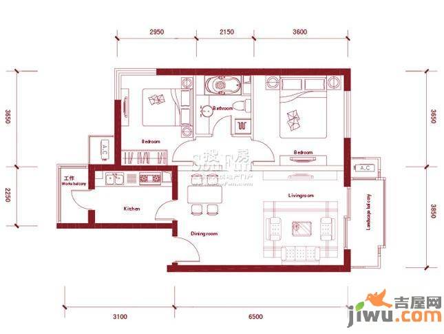 鸿坤理想城曦望山2室2厅1卫85㎡户型图