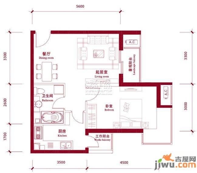 鸿坤理想城曦望山1室2厅1卫62㎡户型图