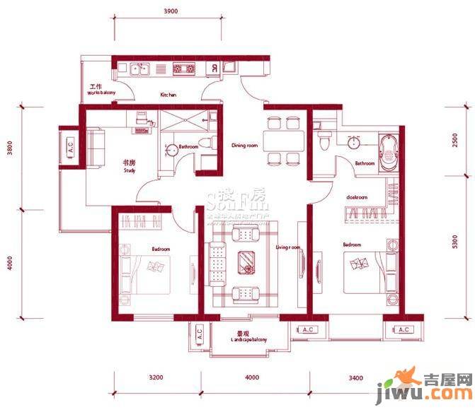 鸿坤理想城曦望山3室2厅2卫121㎡户型图