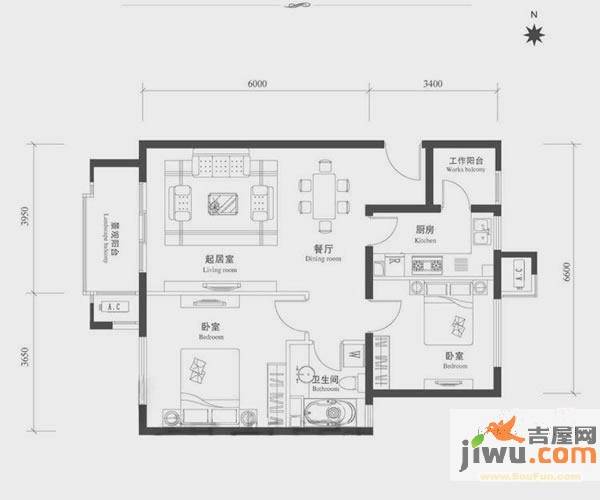 鸿坤理想城曦望山2室2厅1卫90㎡户型图