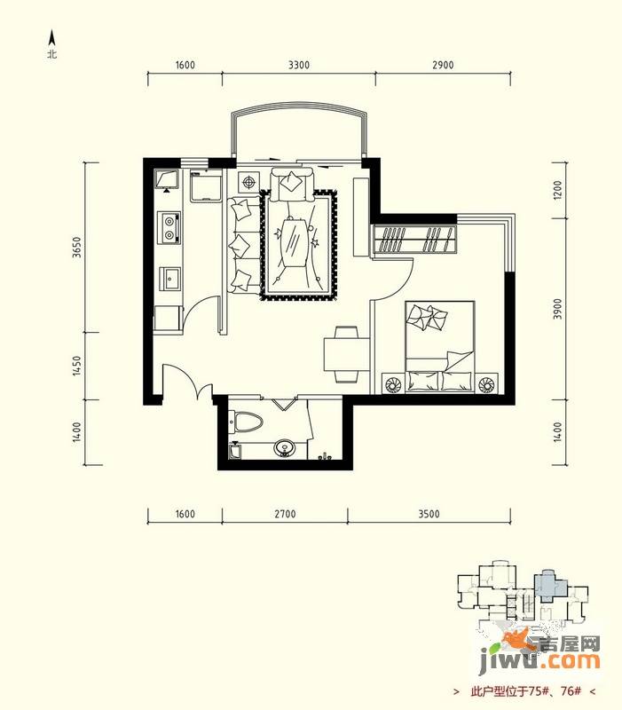 天洋城1室2厅1卫53.3㎡户型图