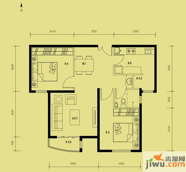 天洋城2室2厅1卫88.6㎡户型图