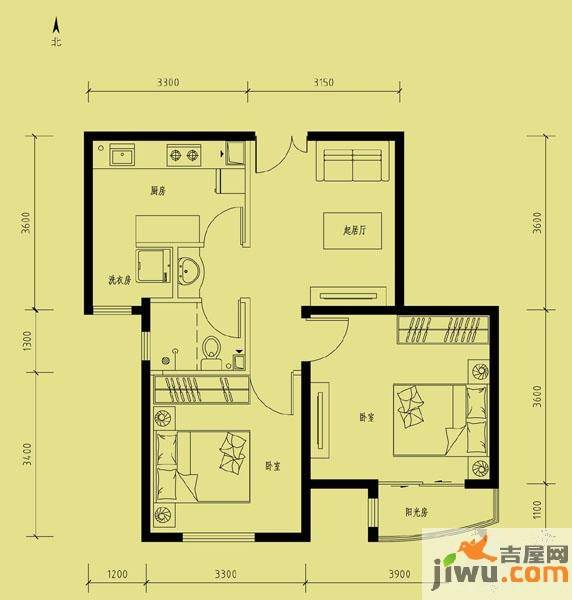 天洋城2室1厅1卫72.6㎡户型图