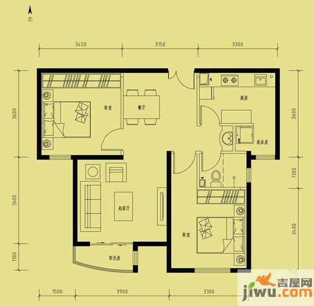 天洋城2室2厅1卫88.6㎡户型图