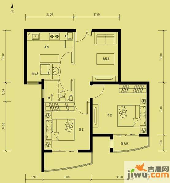 天洋城2室1厅1卫77.6㎡户型图