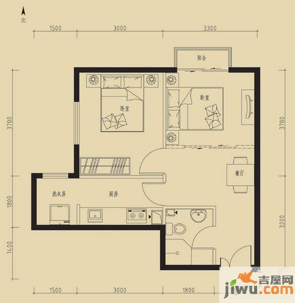 天洋城2室1厅1卫55.8㎡户型图