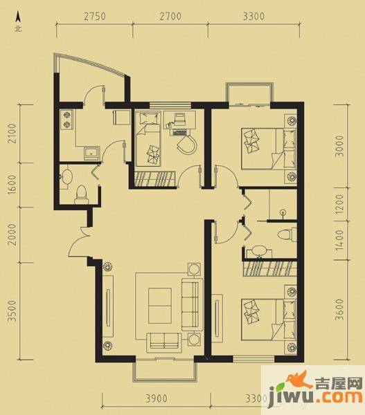 天洋城3室2厅2卫101.8㎡户型图