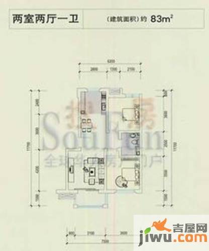 绿城百合公寓2室2厅1卫83㎡户型图