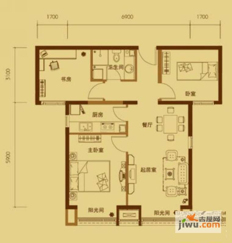 星河1852室2厅2卫85㎡户型图