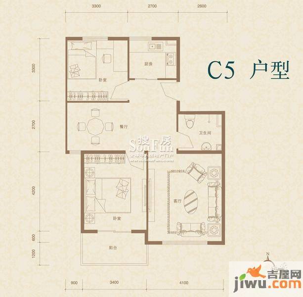 水色时光花园2室2厅1卫户型图