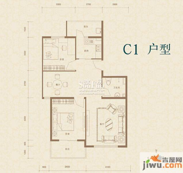 水色时光花园2室2厅1卫户型图