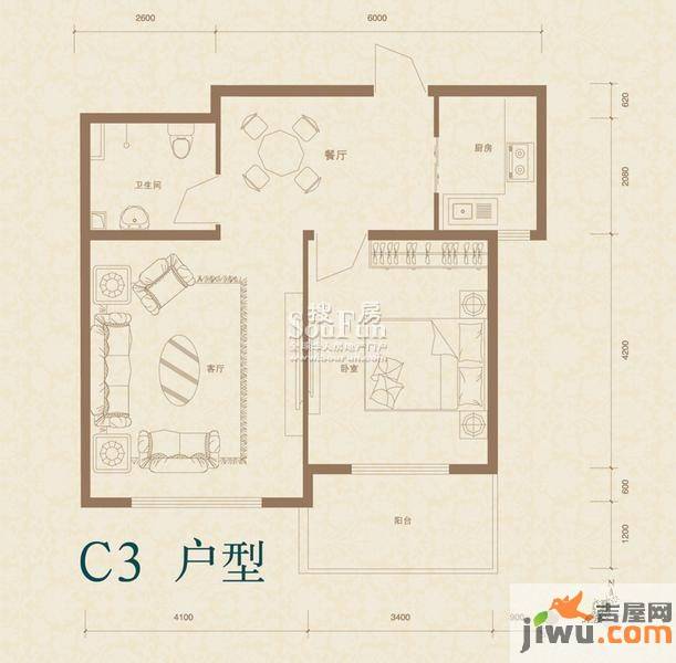 水色时光花园1室2厅1卫户型图