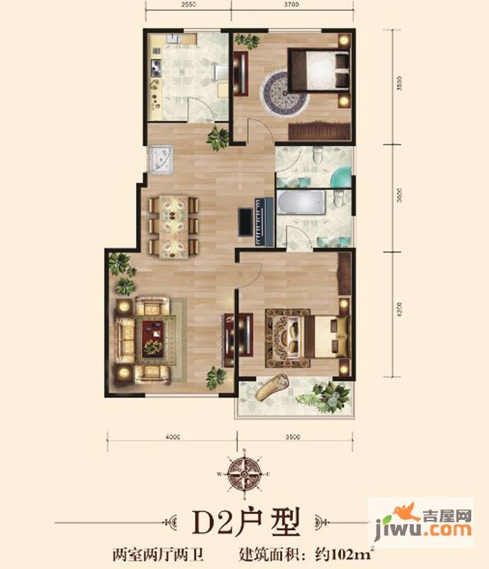 水色时光花园2室2厅2卫102㎡户型图