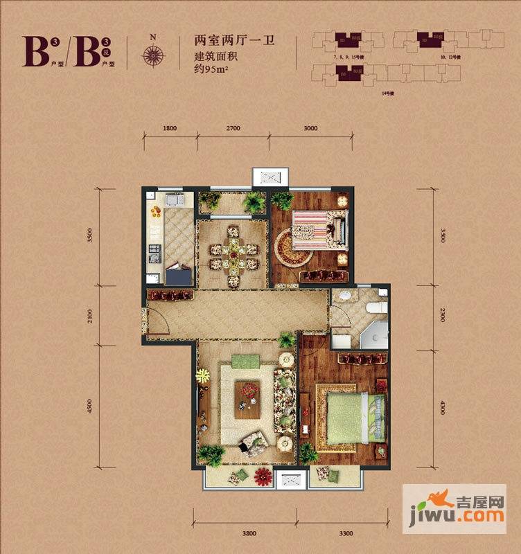 东亚马赛MINI公馆2室2厅1卫95㎡户型图