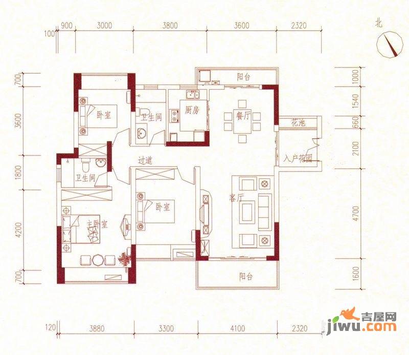 美丽湾畔花园3室2厅2卫128㎡户型图