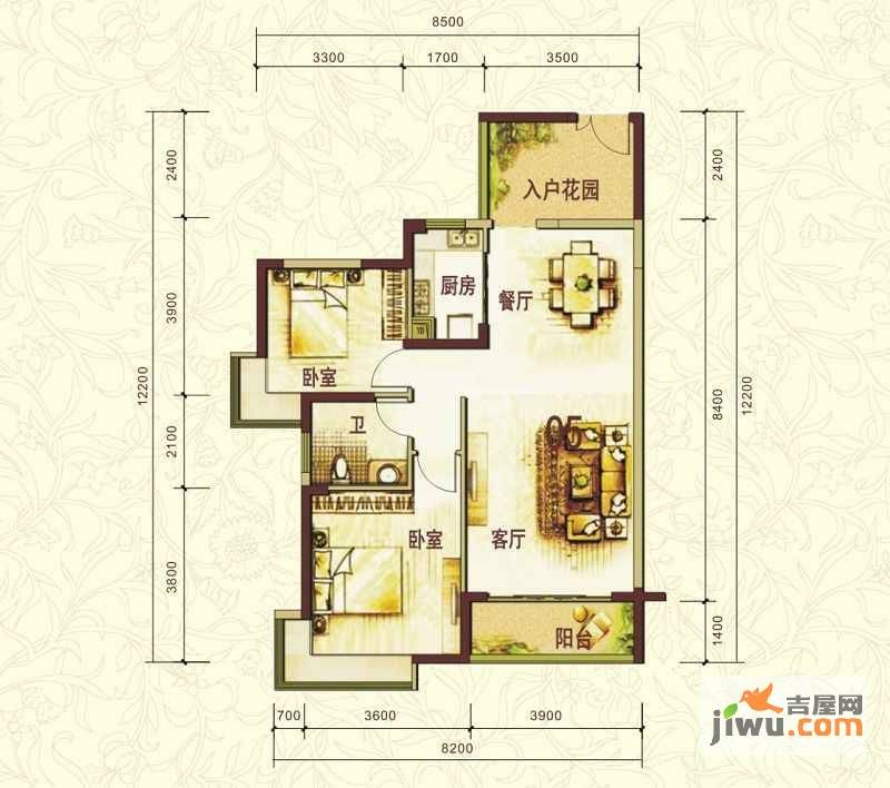 中惠珺庭2室2厅1卫90.6㎡户型图