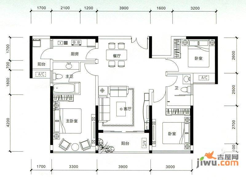 金地博登湖三期3室2厅2卫101㎡户型图