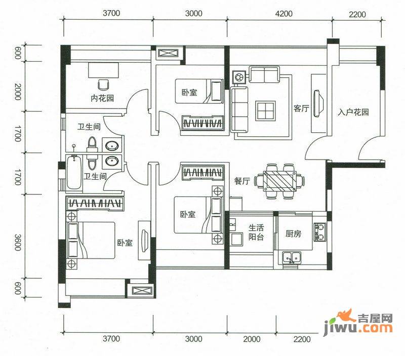 新里城3室2厅2卫110㎡户型图